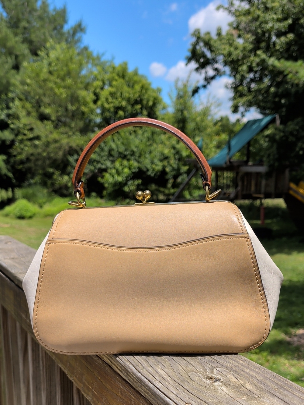 Classic Beige and Cream Top-Handle Kisslock Bag